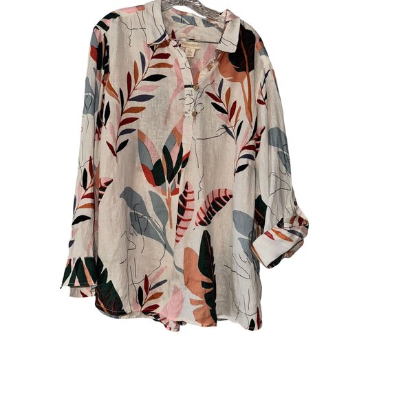 3X Cynthia Rowley Womens Floral Patterned 100% Linen Button-Front Collared Shirt - Picture 8 of 8